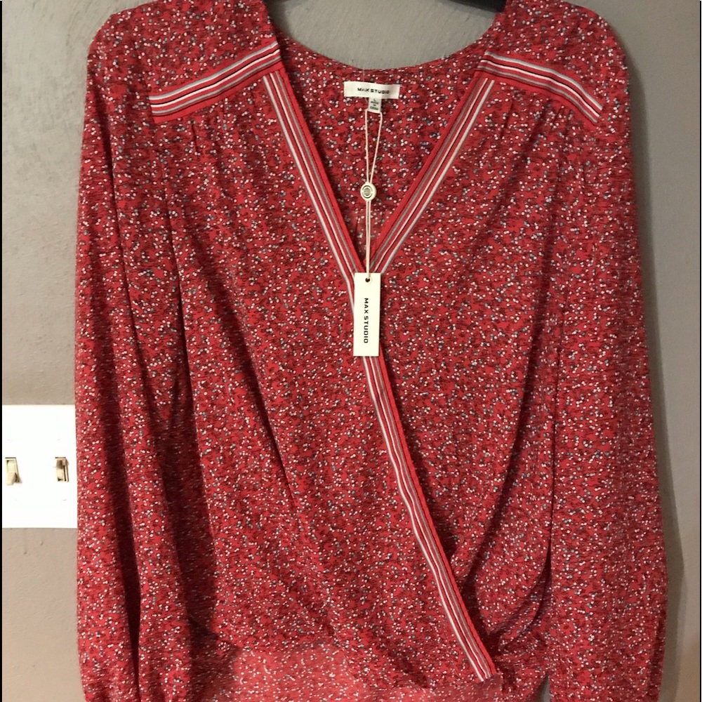 Red V-neck shirt